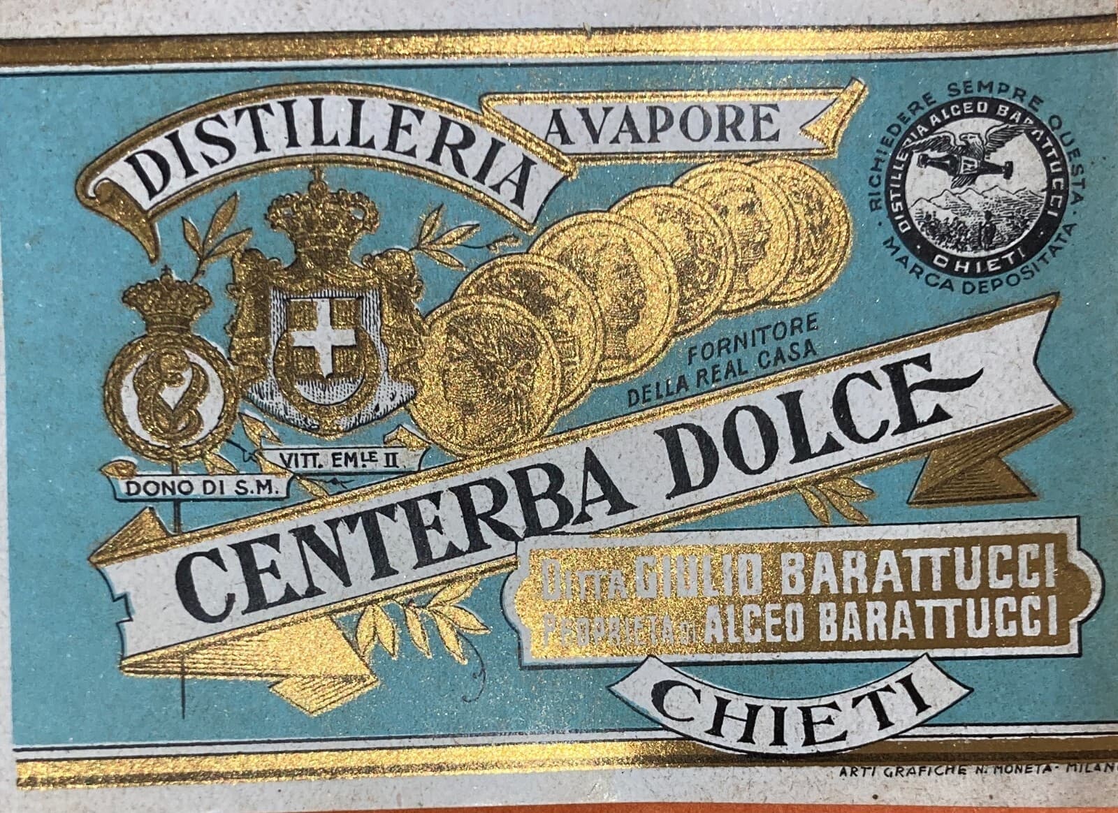 Distilleria Barattucci: Etichetta Originale Centerba Dolce, Chieti, Abruzzo