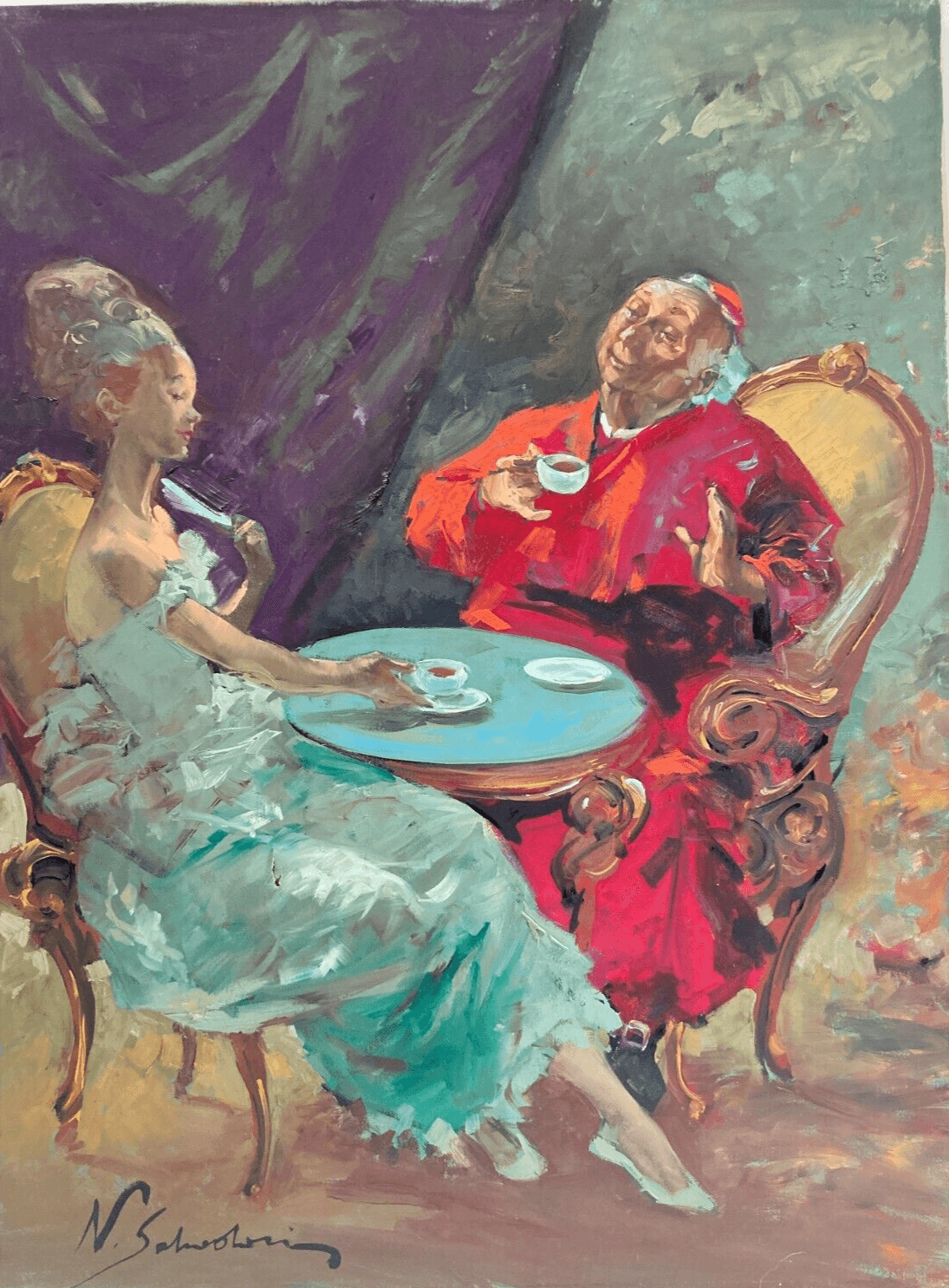 Arte, Piacevole Scena Galante Con Un Alto Prelato. Artista: Nino Salvadori