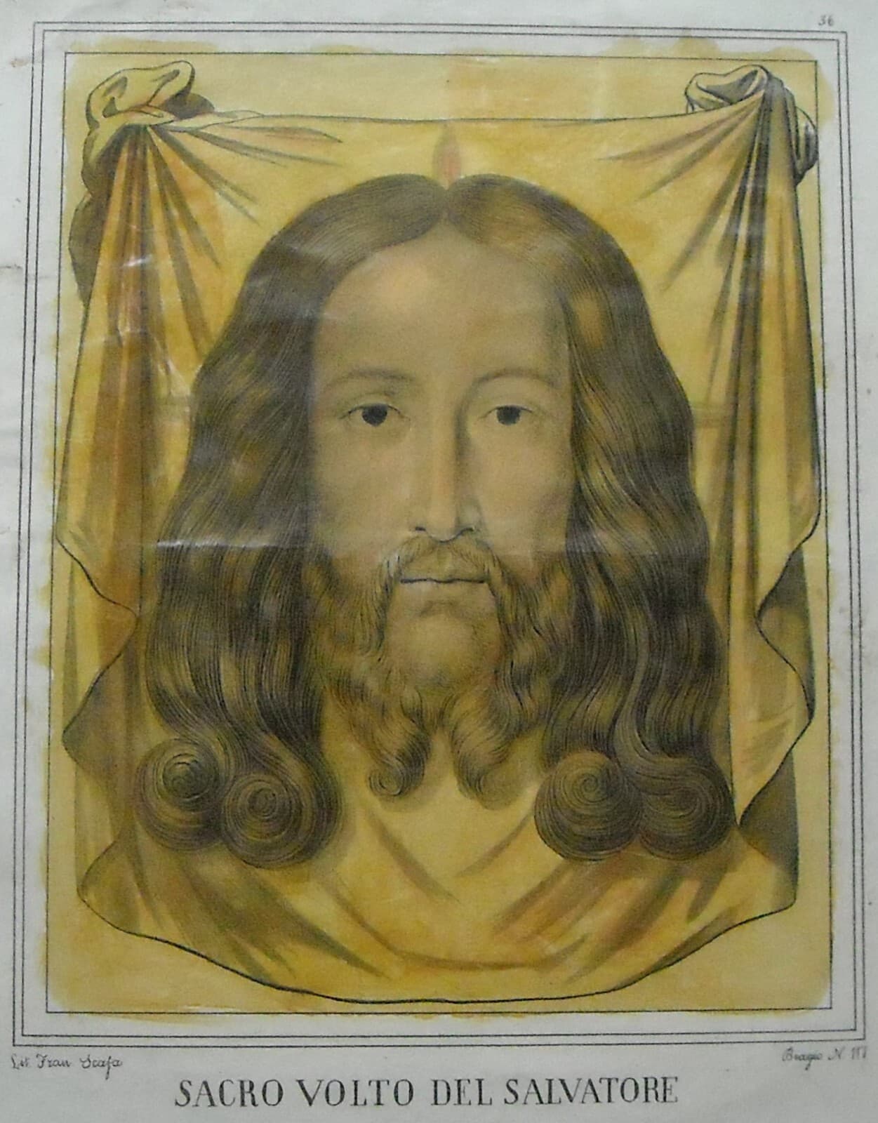 Arte Popolare Devozionale: Volto Di Cristo Ispirato Alla Sindone. Antica Litografia Colorata.