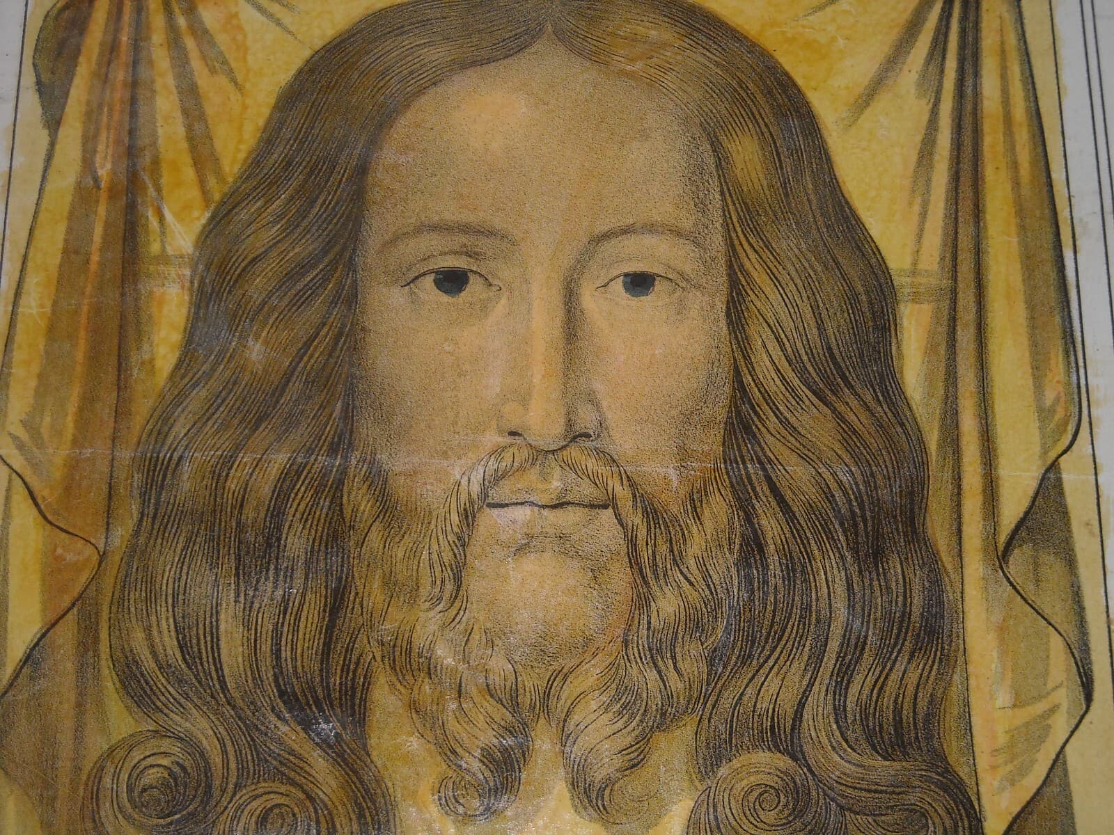 Arte Popolare Devozionale: Volto Di Cristo Ispirato Alla Sindone. Antica Litografia Colorata.