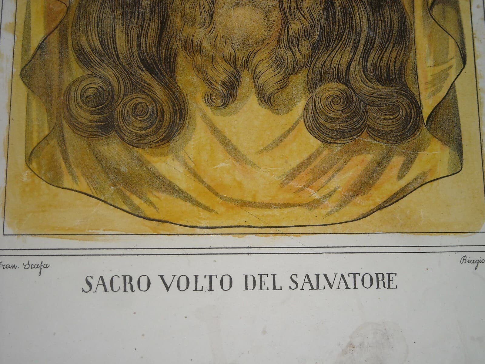 Arte Popolare Devozionale: Volto Di Cristo Ispirato Alla Sindone. Antica Litografia Colorata.