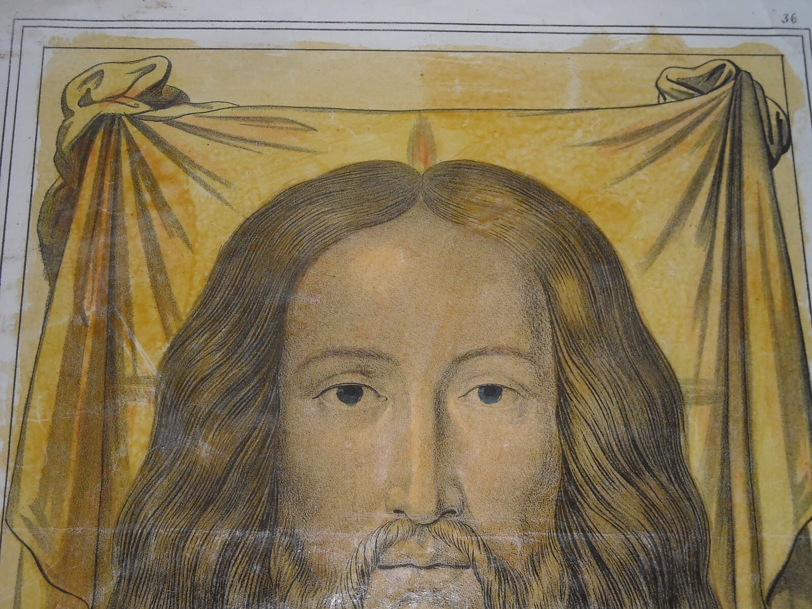 Arte Popolare Devozionale: Volto Di Cristo Ispirato Alla Sindone. Antica Litografia Colorata.