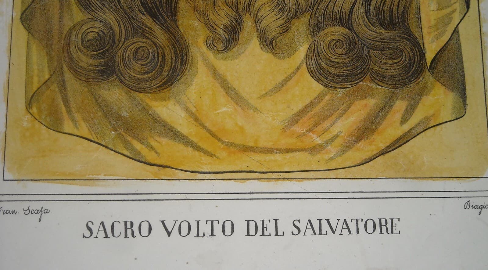Arte Popolare Devozionale: Volto Di Cristo Ispirato Alla Sindone. Antica Litografia Colorata.
