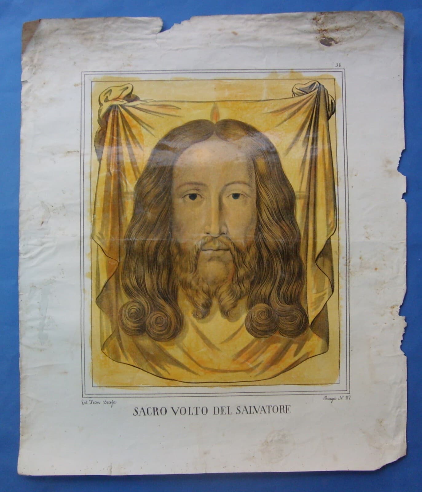Arte Popolare Devozionale: Volto Di Cristo Ispirato Alla Sindone. Antica Litografia Colorata.