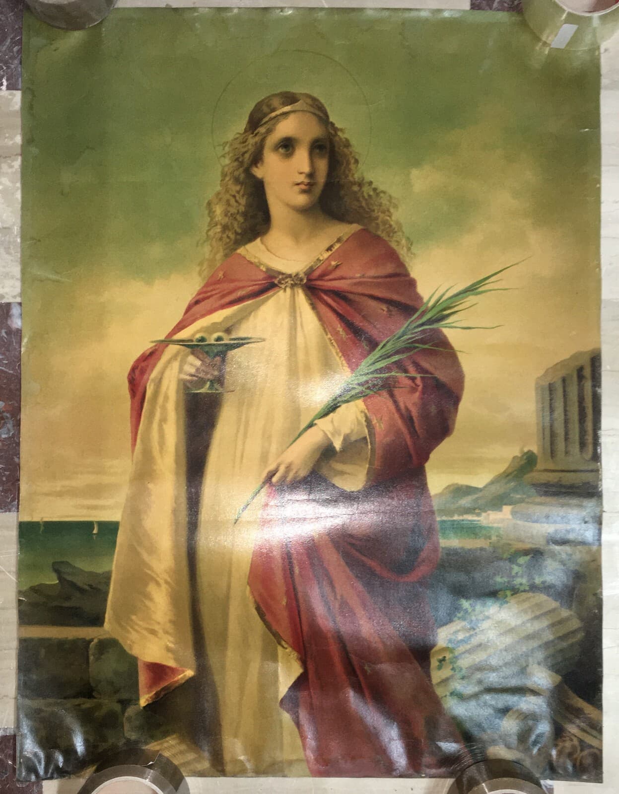 Antica Stampa Devozionale: Santa Lucia, Grande Cromolitografia, Siracusa