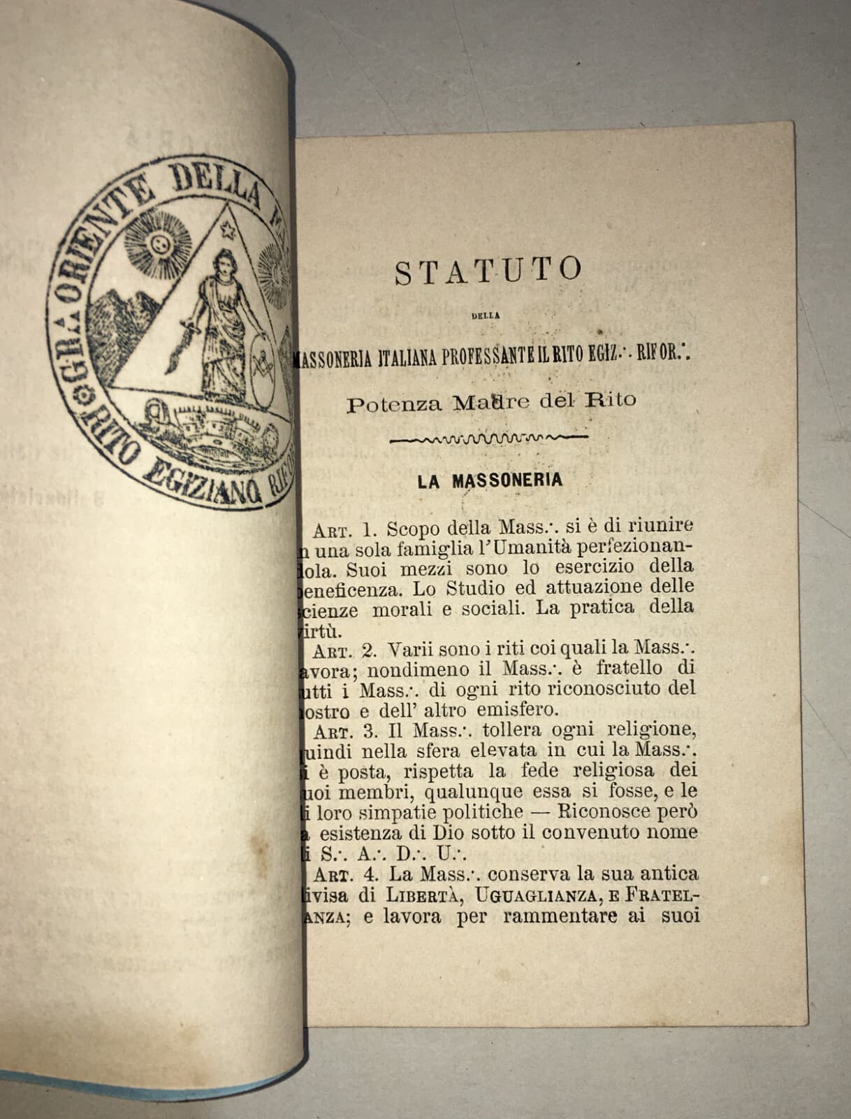 Massoneria, Puglia, Bari, Statuto Tellone Bruto: Antica Edizione Autenticata, 1877