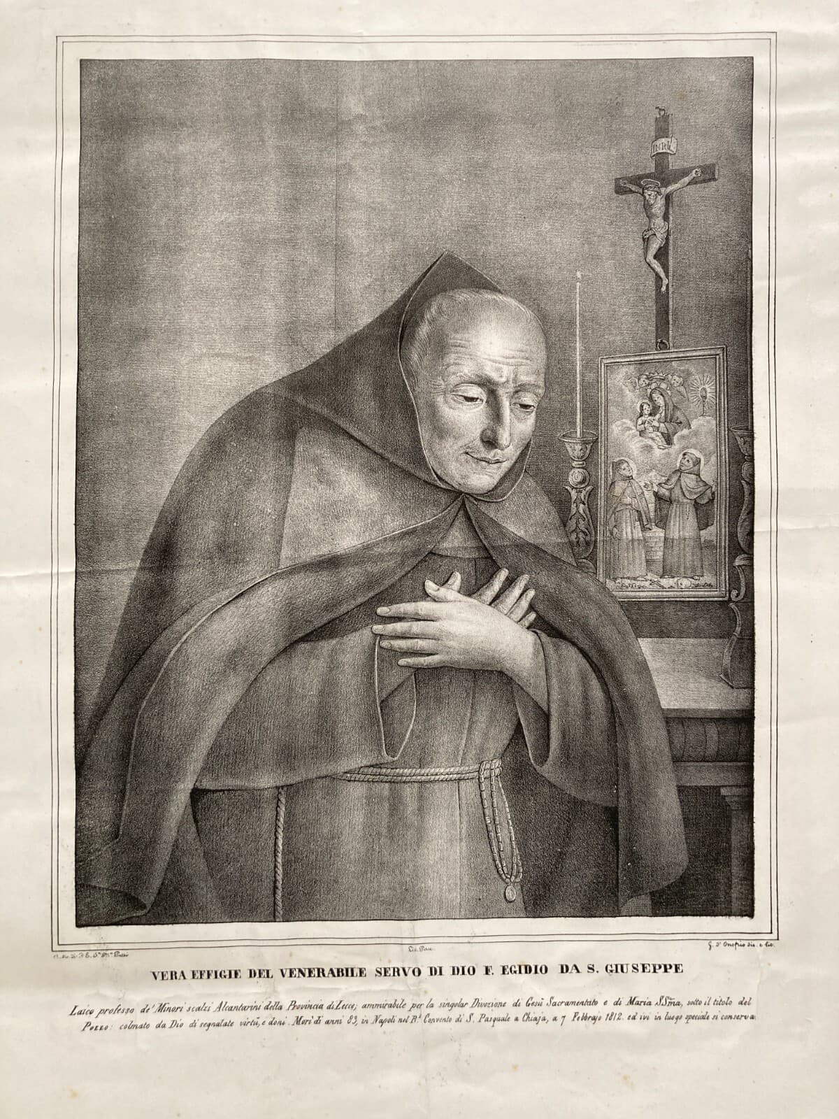 Vera Effigie Del Venerabile Servo Di Dio Frate Egidio Da S. Giuseppe, Litografia Del XIX Secolo