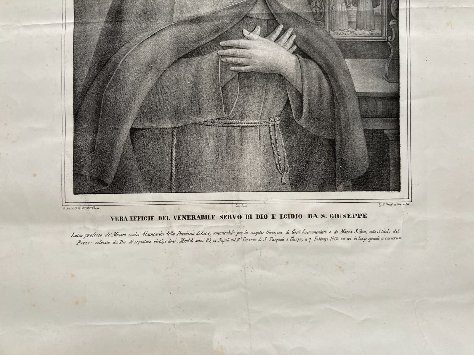 Vera Effigie Del Venerabile Servo Di Dio Frate Egidio Da S. Giuseppe, Litografia Del XIX Secolo