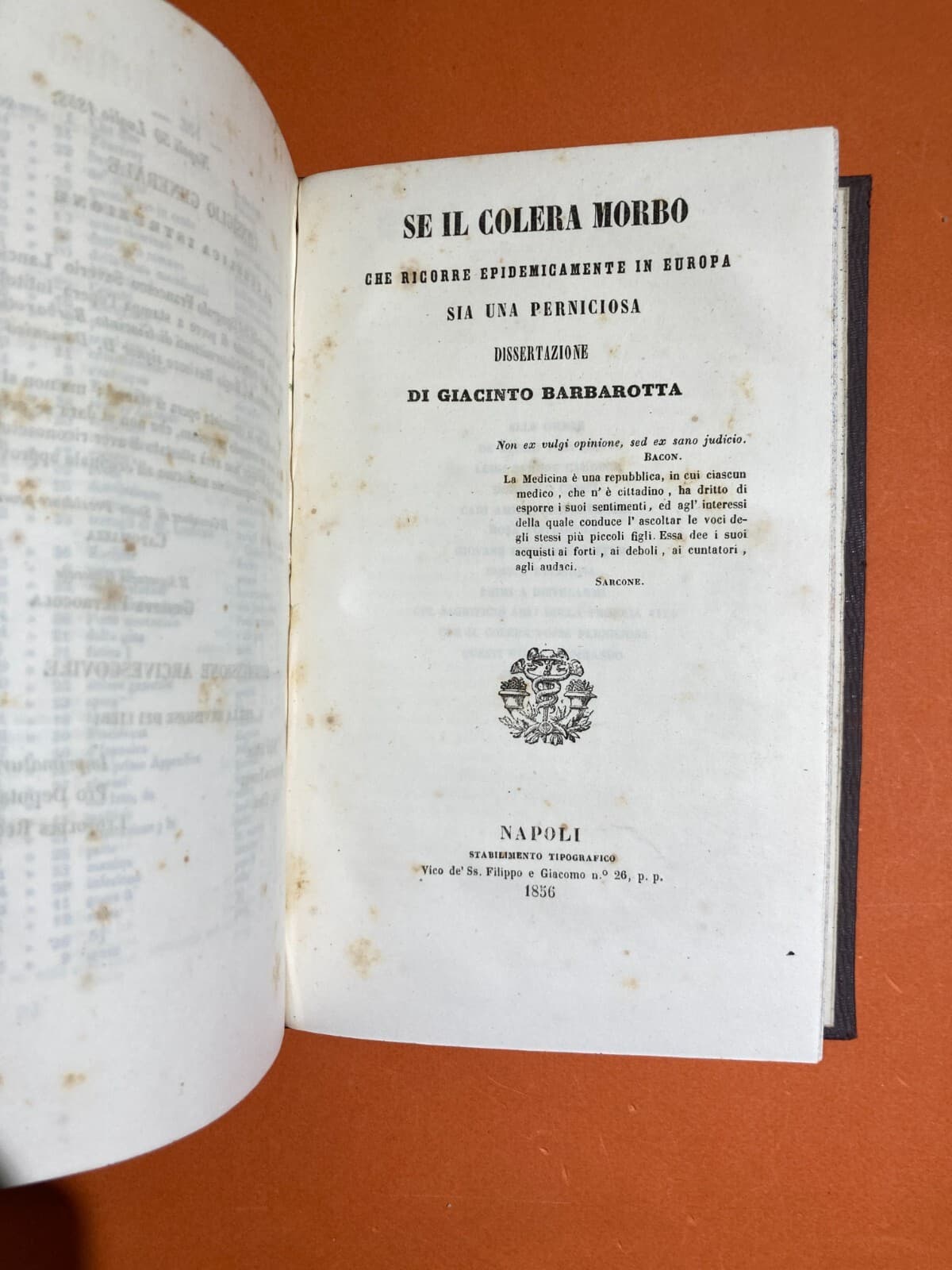 Medicina: Febbri Perniciose, Colera E Casi Clinici A Vasto (Abruzzo). Opere Di Giacinto Barbarotta, 1856 1858