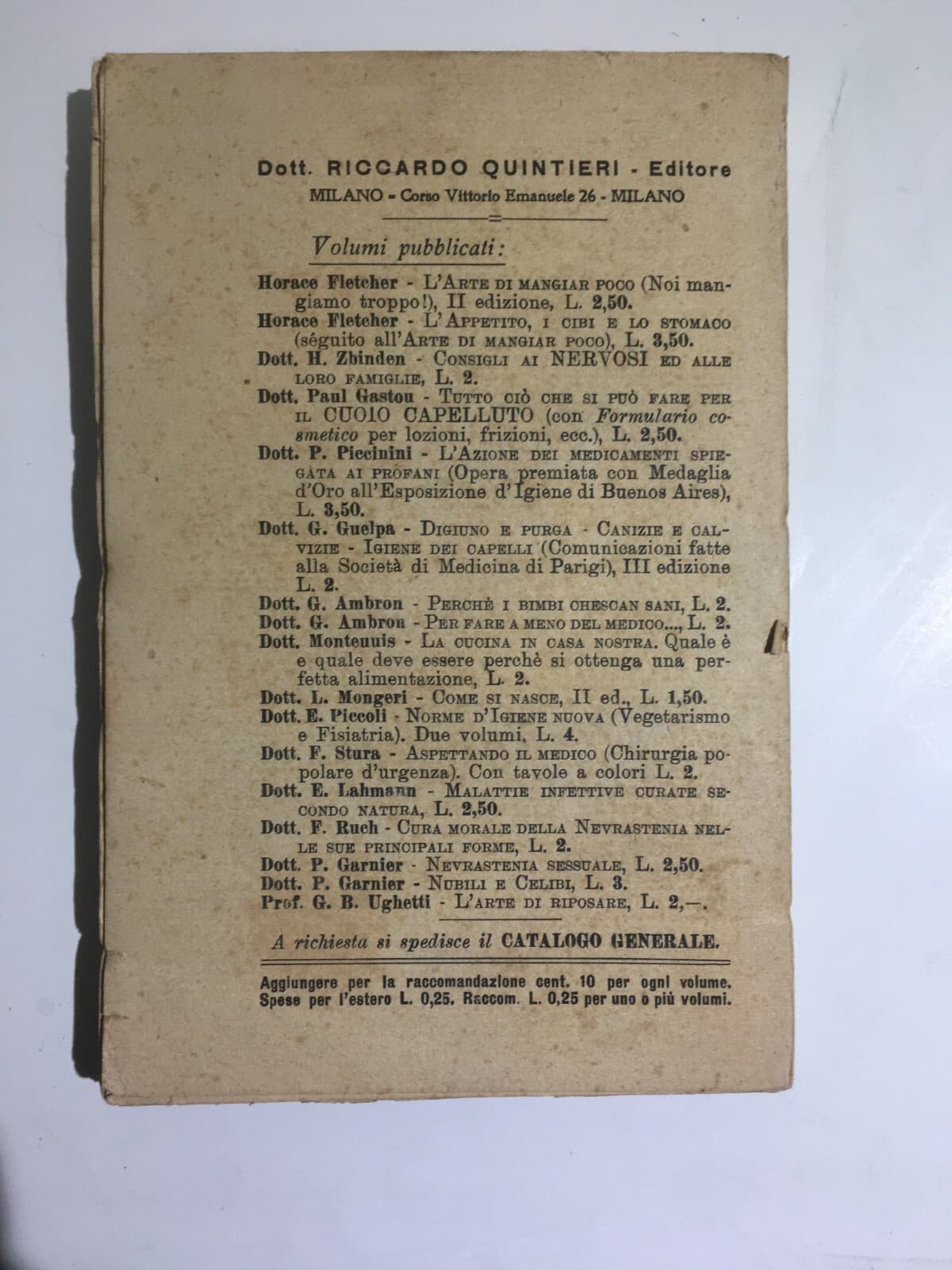 Medicina, Alimentazione, Digiuno, Purga, Cosmesi E Igiene Dei Capelli   G. Guelpa   1917