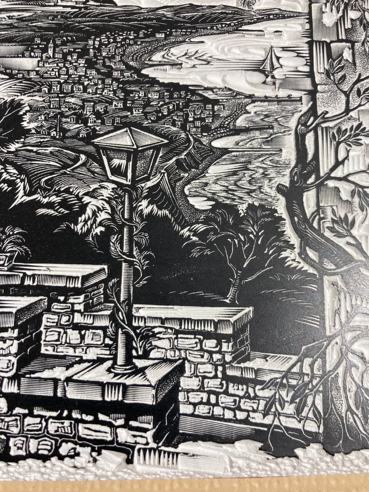 Artistica Opera d'Arte: Veduta Della Riviera Adriatica Con Città Portuale (firma)