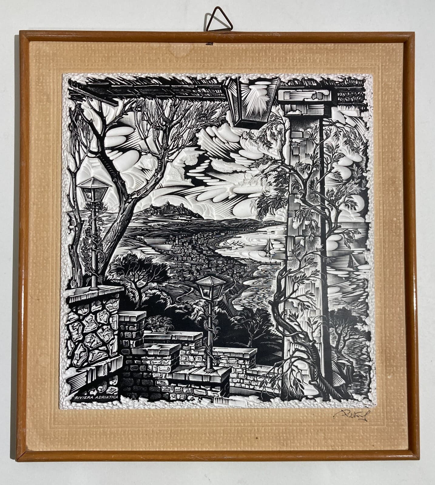 Artistica Opera d'Arte: Veduta Della Riviera Adriatica Con Città Portuale (firma)