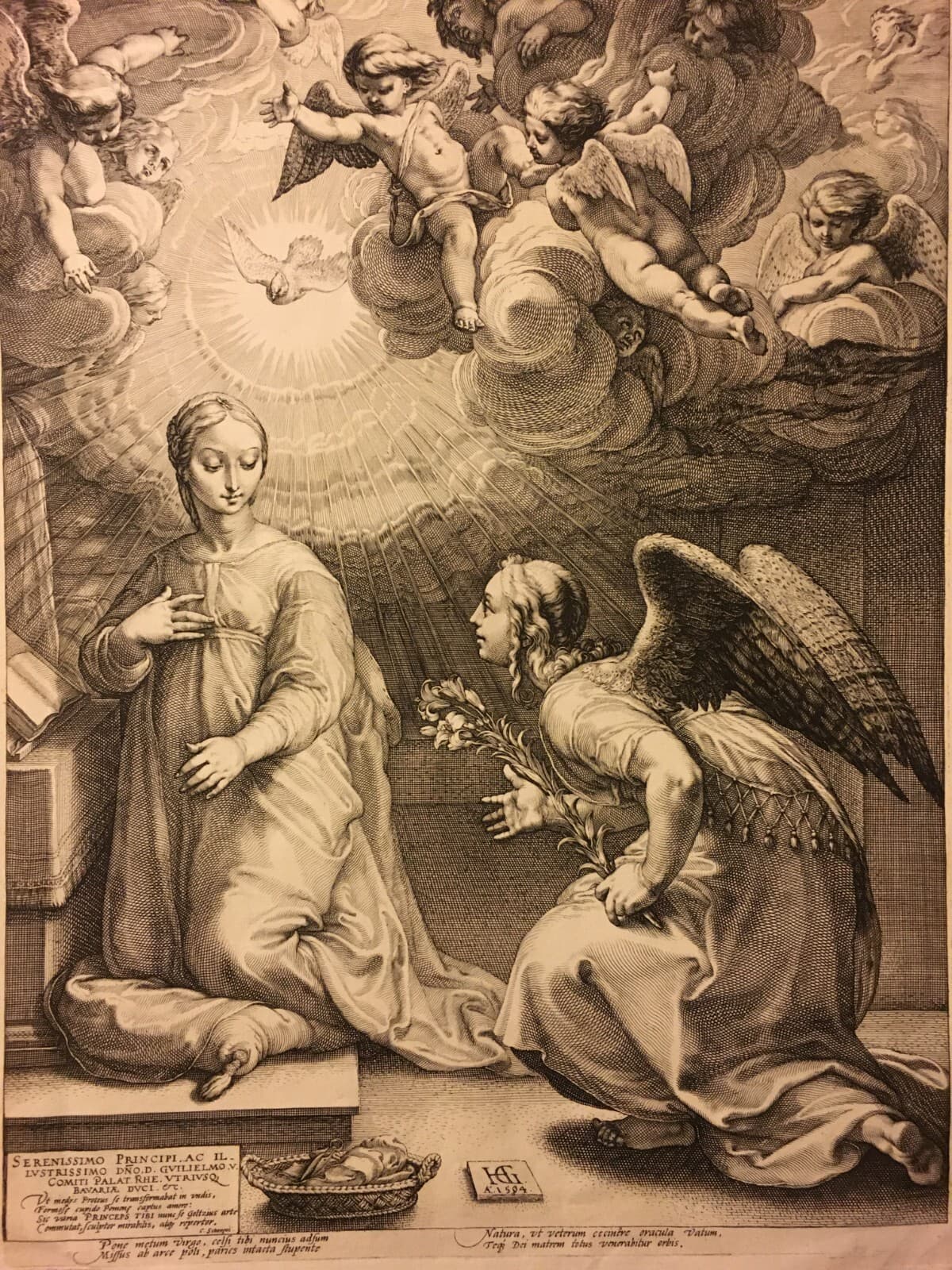 Antica Stampa Popolare Devozionale: Annunciazione. Grande Incisione Da Hendrick Goltzius