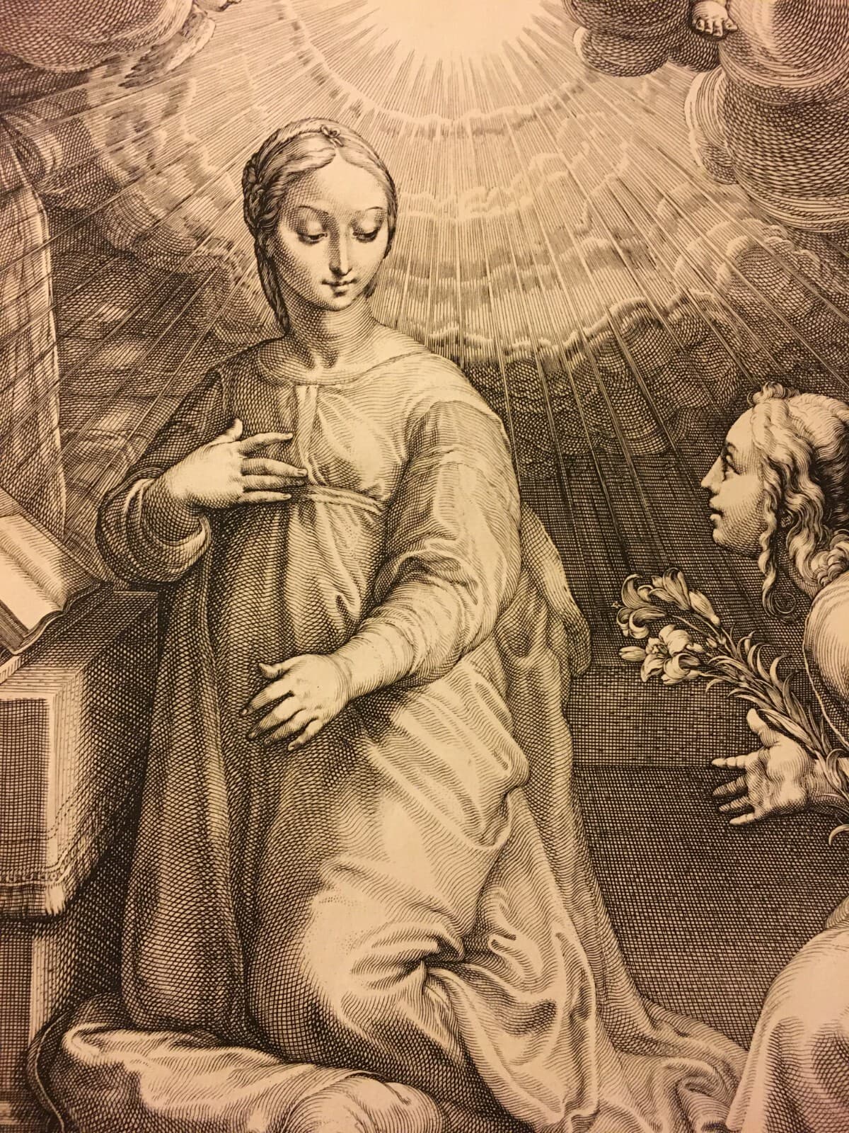 Antica Stampa Popolare Devozionale: Annunciazione. Grande Incisione Da Hendrick Goltzius