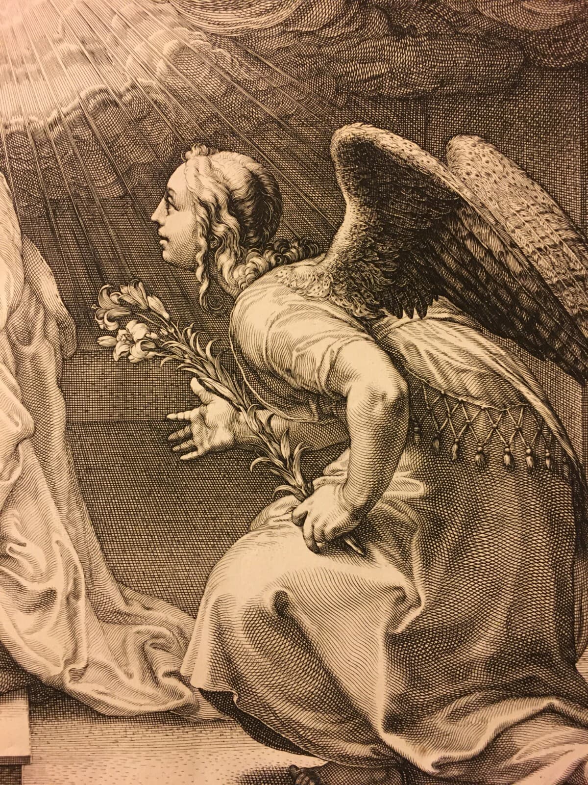 Antica Stampa Popolare Devozionale: Annunciazione. Grande Incisione Da Hendrick Goltzius