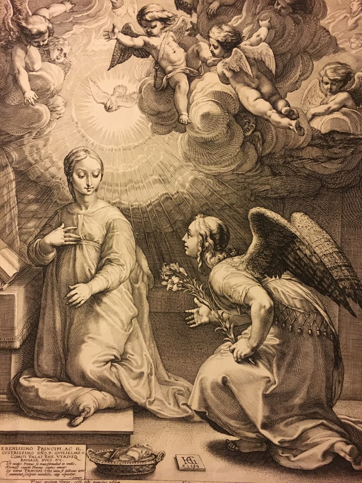 Antica Stampa Popolare Devozionale: Annunciazione. Grande Incisione Da Hendrick Goltzius