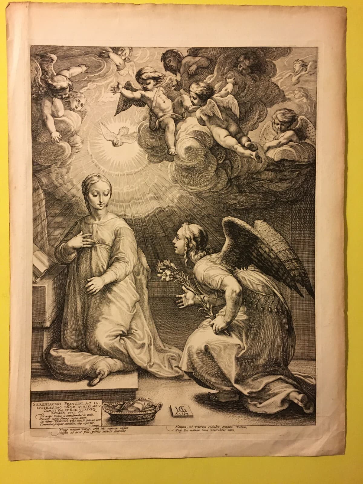 Antica Stampa Popolare Devozionale: Annunciazione. Grande Incisione Da Hendrick Goltzius
