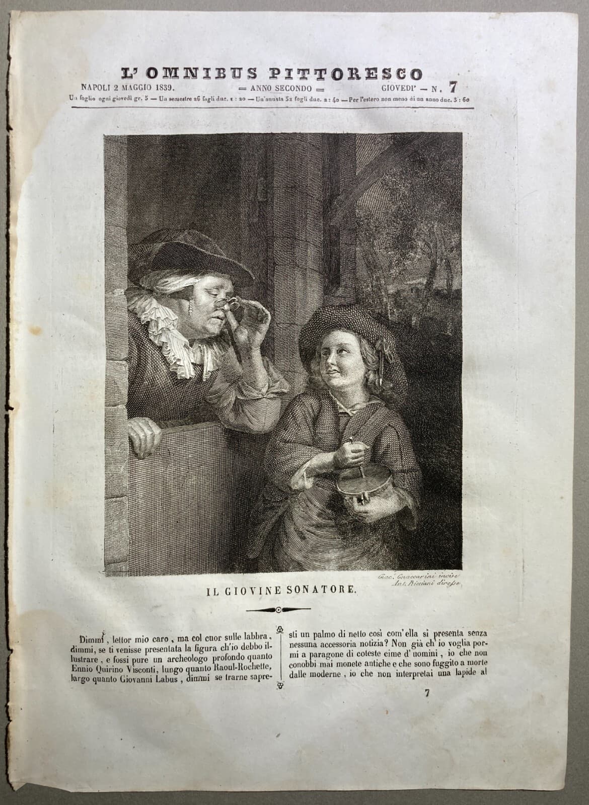 Musica: Il Giovine Suonatore. Incisione Di Gnaccarini Su Disegno Di Antonio Bicciani, 1839