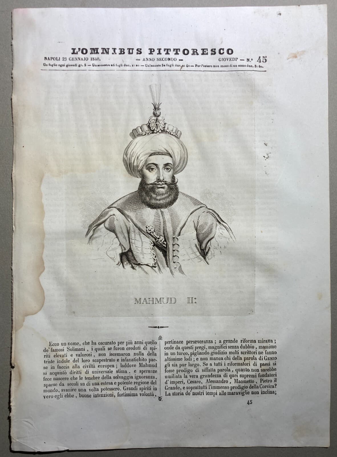 Oriente, Turchia. Antico Ritratto Del Sultano Mahmud II. Incisione Del 1840.