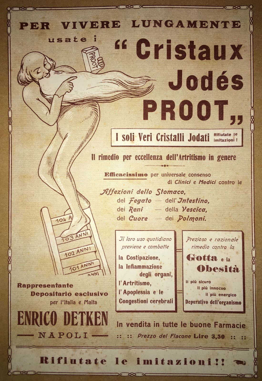 Medicina Antica, Stampa Pubblicitaria Farmaceutica Cristalli Proot, Napoli, 1913