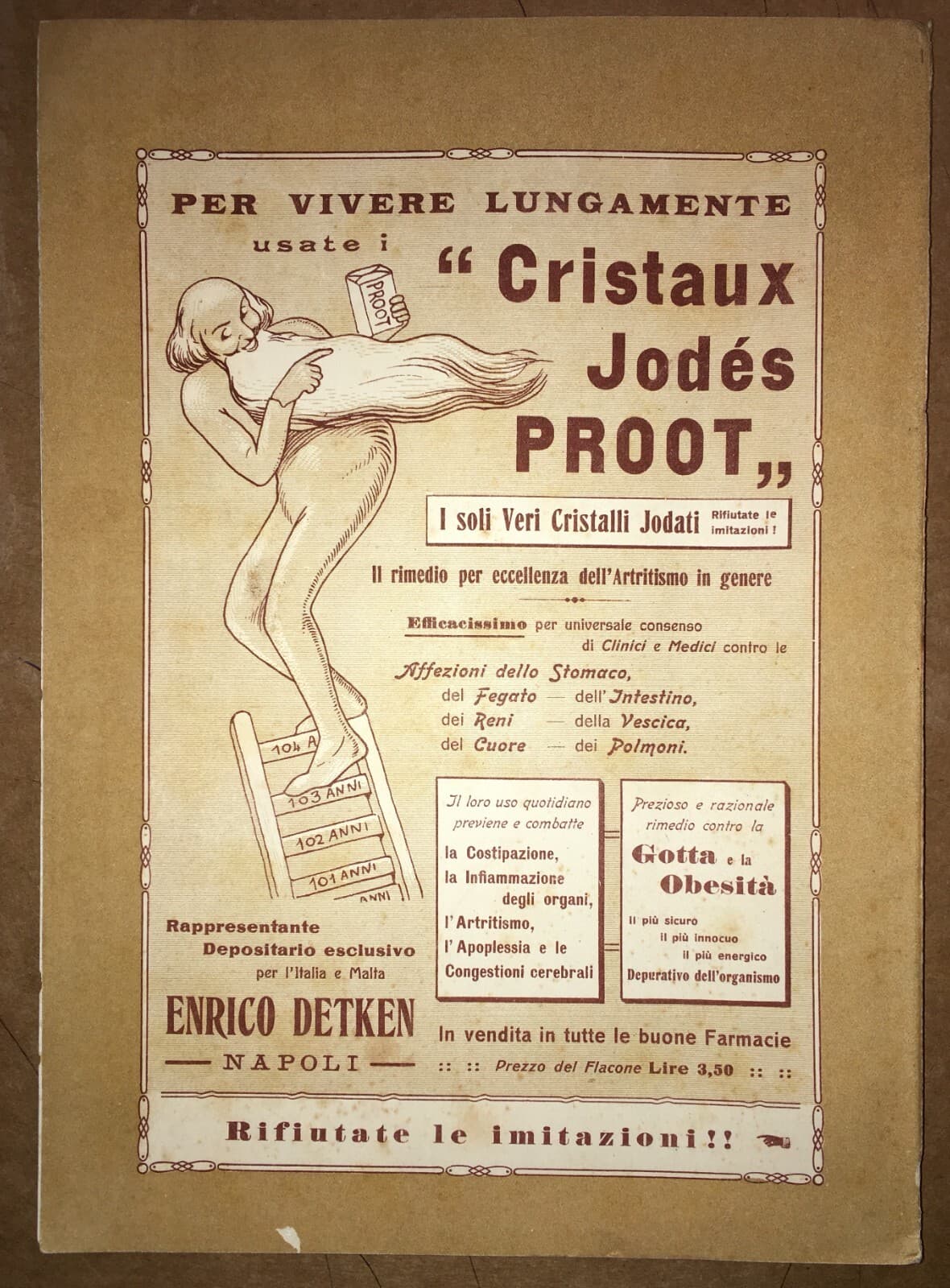 Medicina Antica, Stampa Pubblicitaria Farmaceutica Cristalli Proot, Napoli, 1913