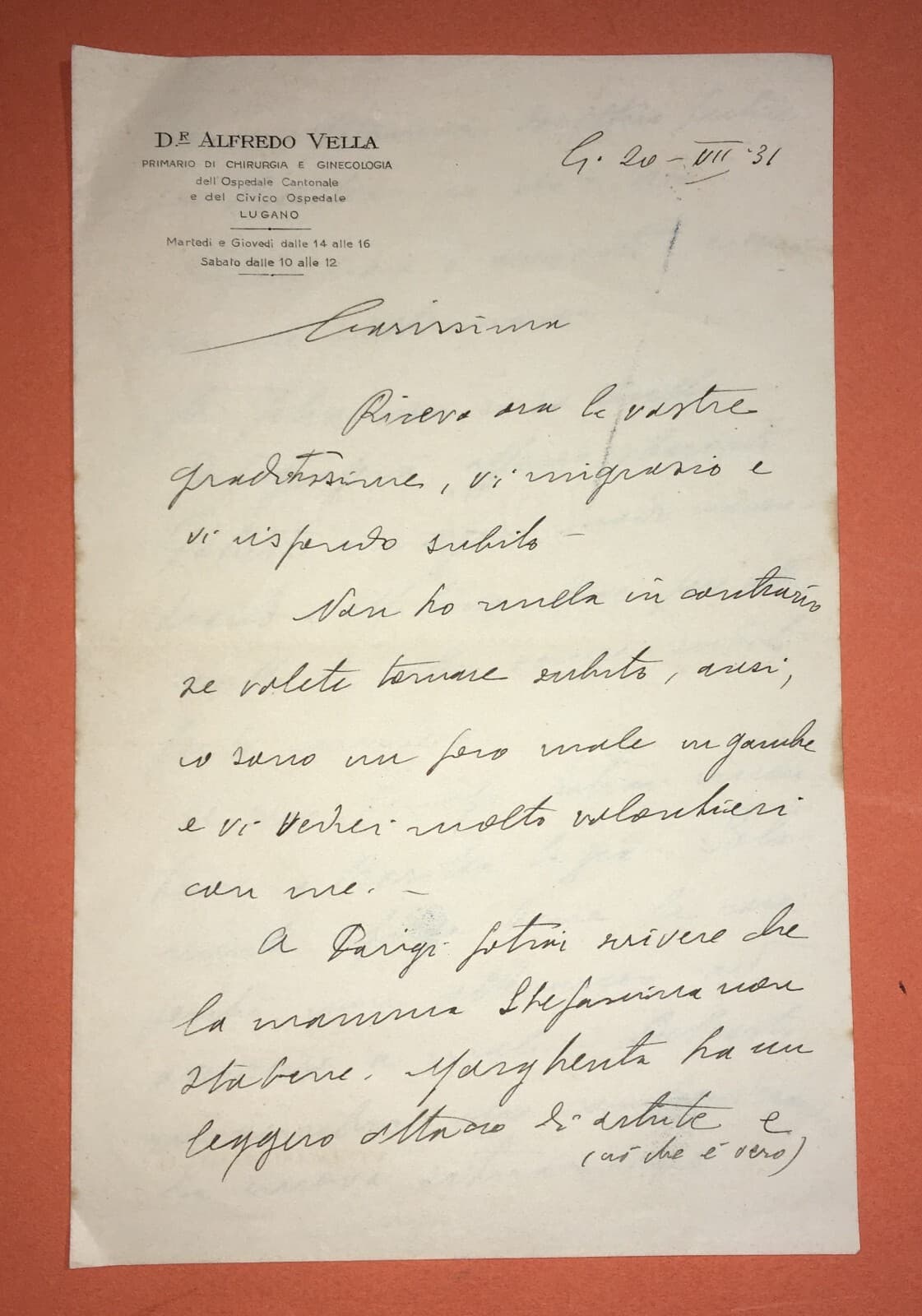 Medicina E Ginecologia: Antica Corrispondenza Del Dr. Alfredo Vella, Lugano, 1931