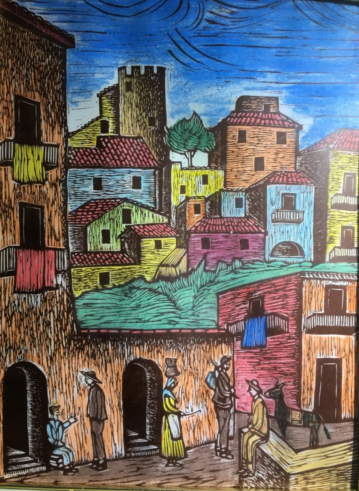 Pesche, Isernia: Veduta Popolare E Folklore   Xilografia A Colori