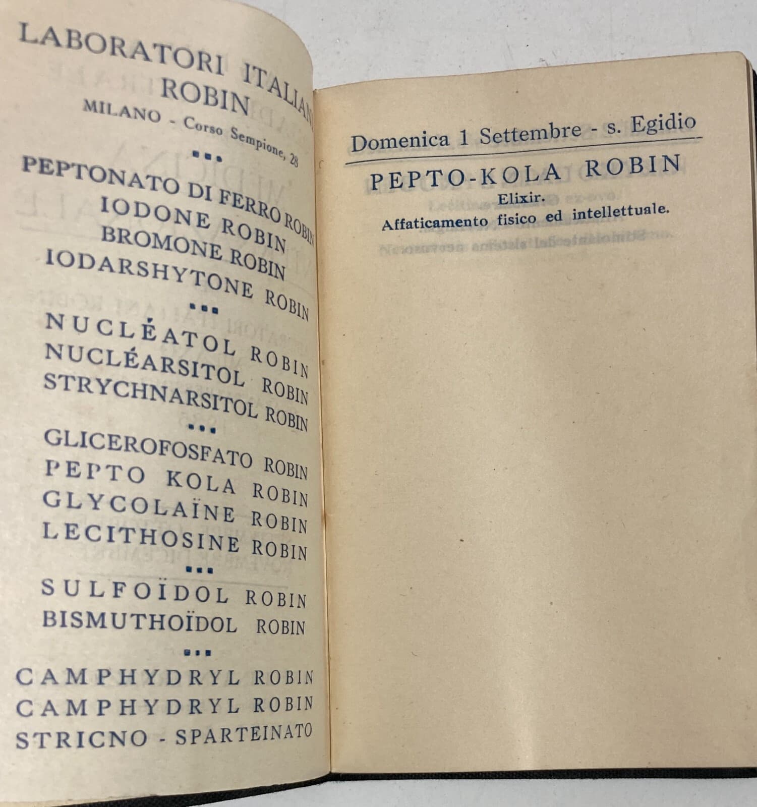 Medicina, Farmacia, Pubblicità Farmaceutica: Agendina d'Epoca Laboratori Robin Milano, 1935