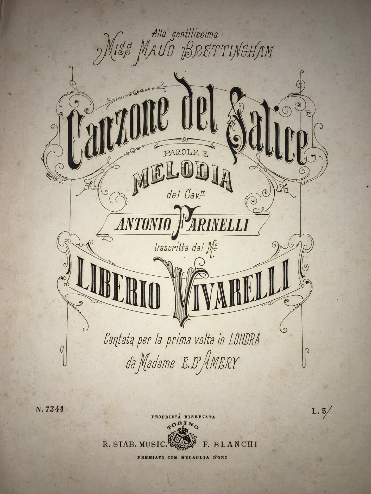 Antonio Farinelli: "Canzone Del Salice", Antico Spartito Musicale