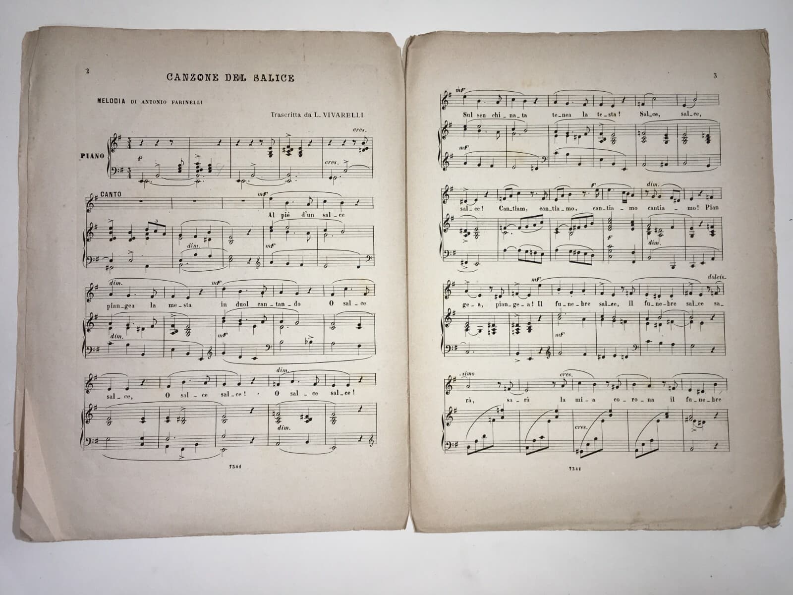 Antonio Farinelli: "Canzone Del Salice", Antico Spartito Musicale