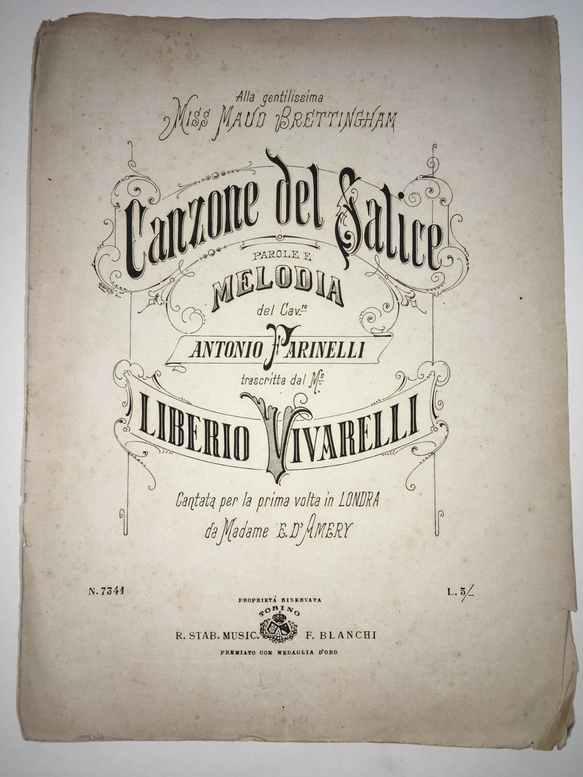 Antonio Farinelli: "Canzone Del Salice", Antico Spartito Musicale