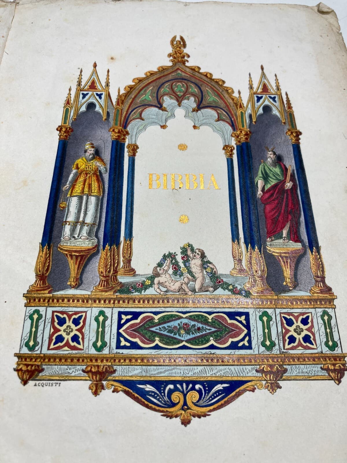 Antica Iconografia Biblica Artistica. Litografia Colorata. Incisore Acquisti, XIX Secolo.