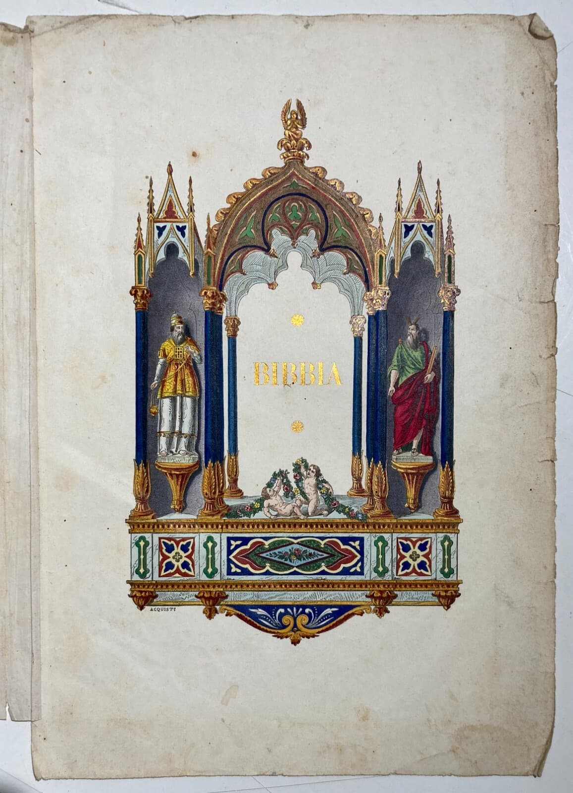 Antica Iconografia Biblica Artistica. Litografia Colorata. Incisore Acquisti, XIX Secolo.