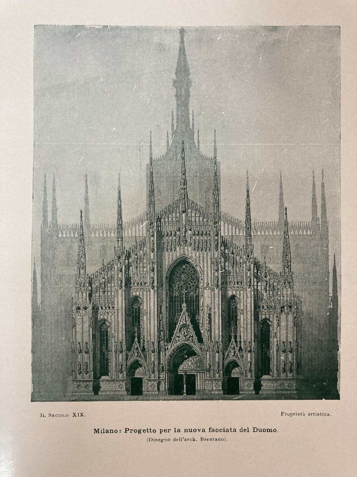 Milano, Architettura. Progetto Facciata Duomo, Architetto Brentano. Antica Stampa