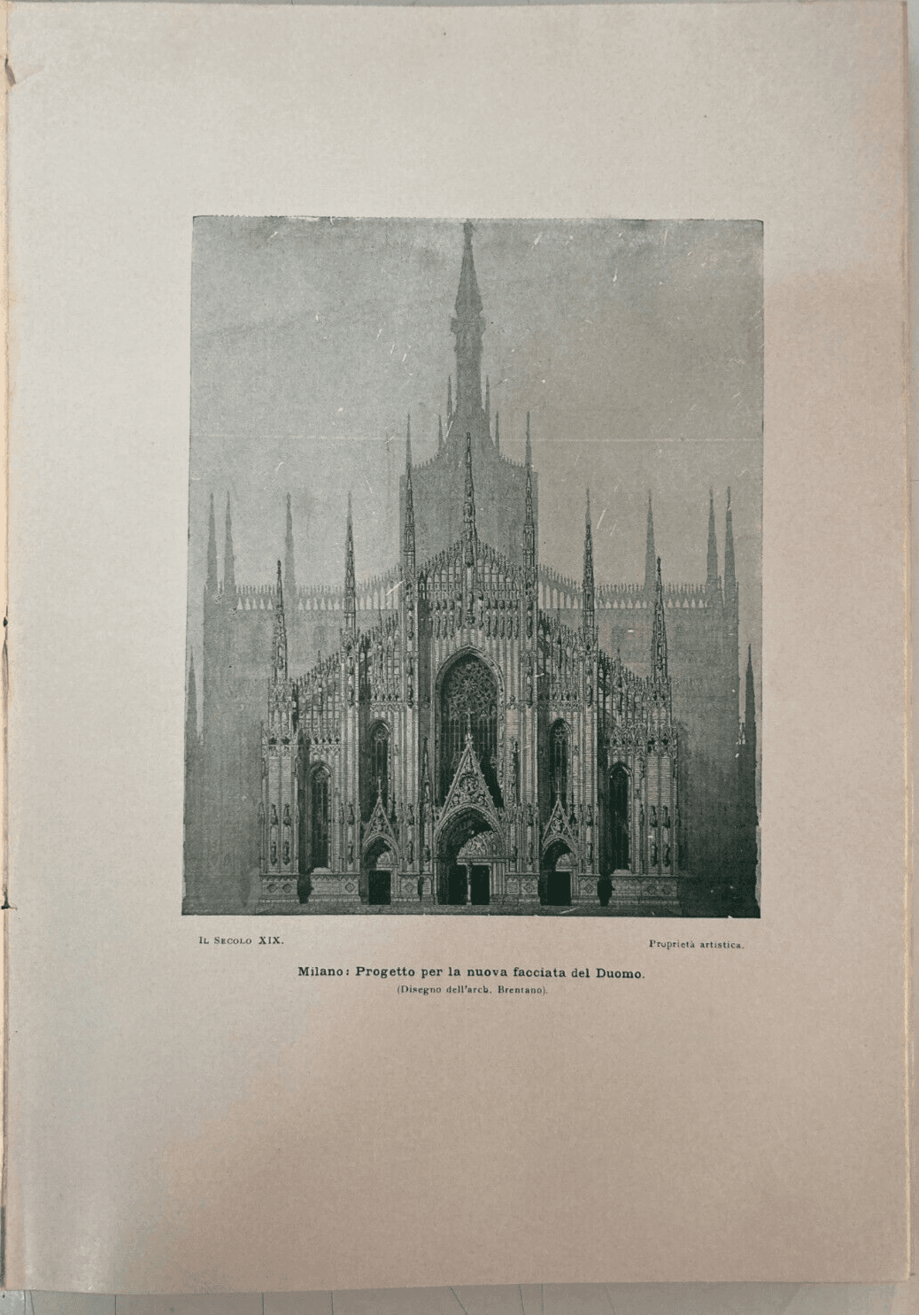 Milano, Architettura. Progetto Facciata Duomo, Architetto Brentano. Antica Stampa