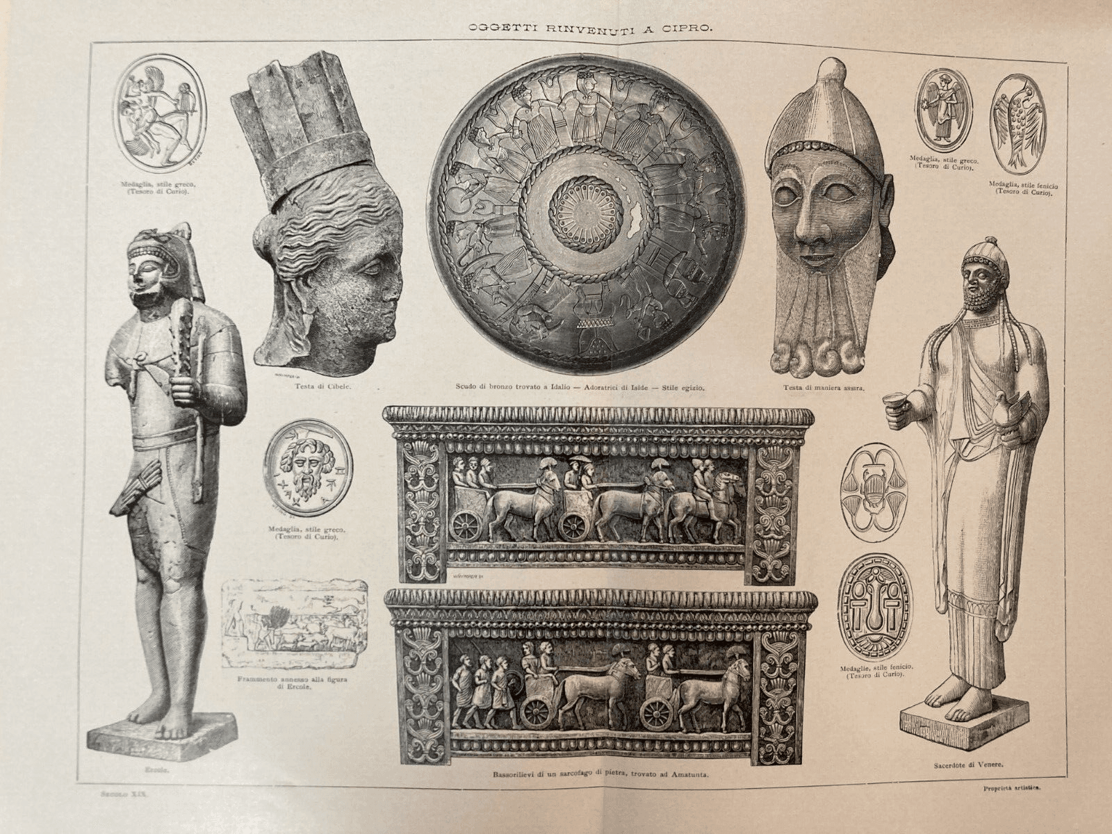 Arte Antica, Scultura, Medaglie E Bassorilievi Da Cipro: Ercole E Cibele. Antica Stampa.