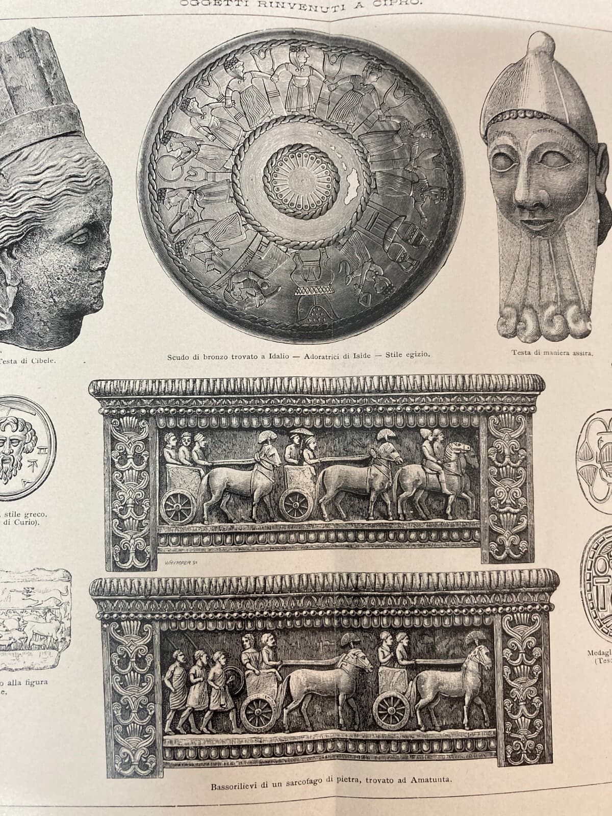 Arte Antica, Scultura, Medaglie E Bassorilievi Da Cipro: Ercole E Cibele. Antica Stampa.