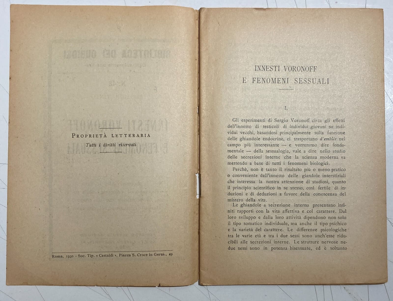 Medicina, Endocrinologia E Sessualità. Innesti Voronoff E Fenomeni Sessuali, Edoardo Tinto