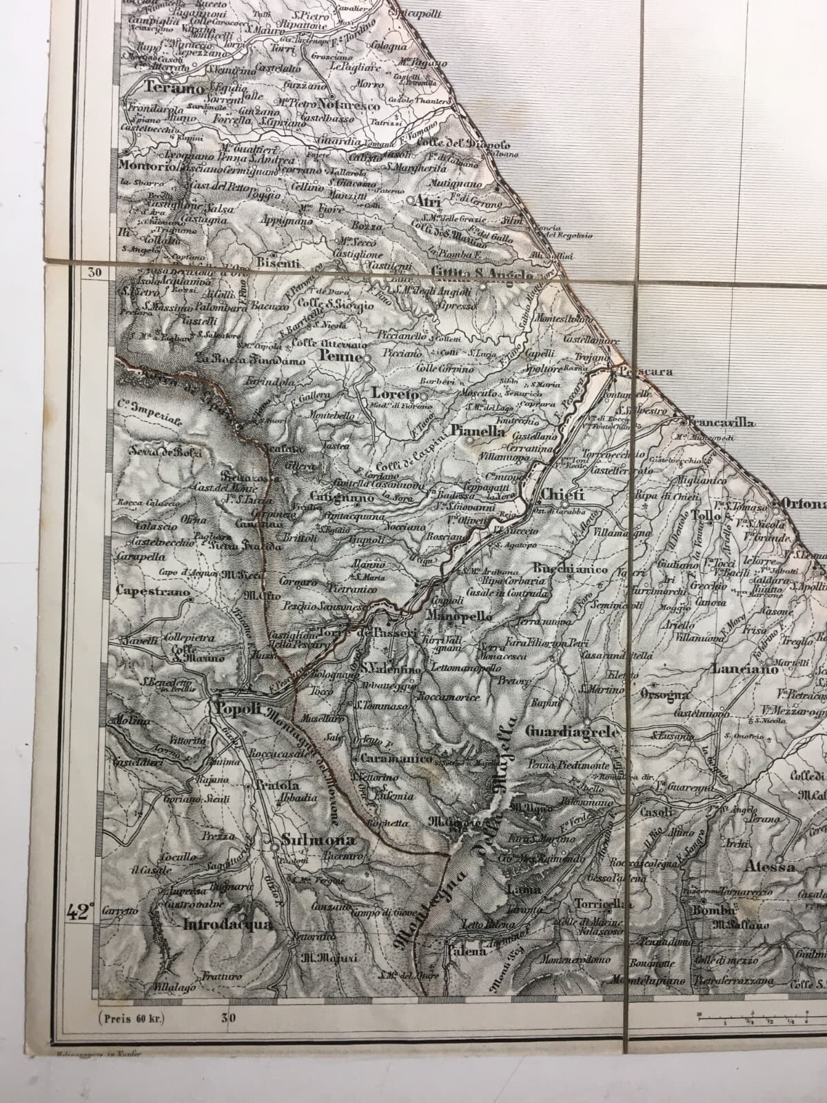 Abruzzo, Marche, Molise: Antica Cartografia Della Litoranea Adriatica Su Tela d'Epoca