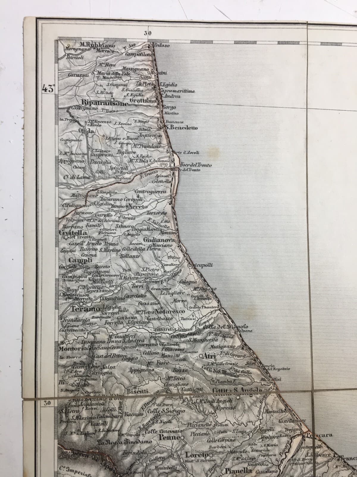 Abruzzo, Marche, Molise: Antica Cartografia Della Litoranea Adriatica Su Tela d'Epoca