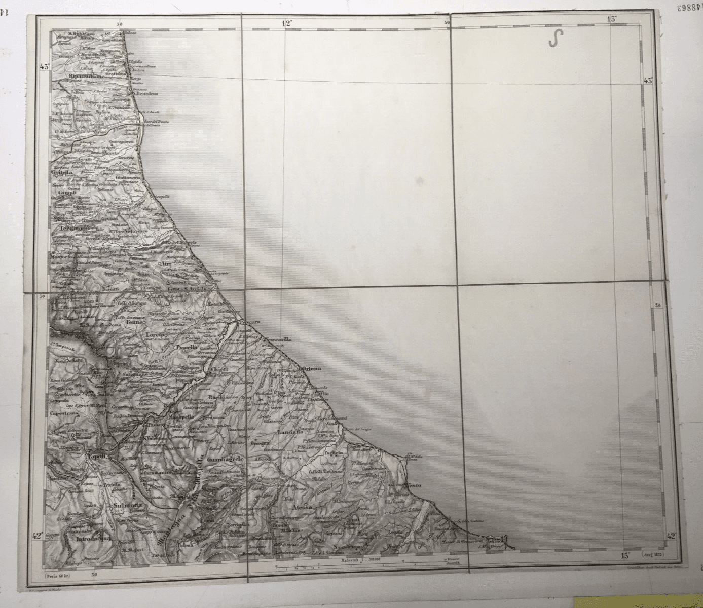 Abruzzo, Marche, Molise: Antica Cartografia Della Litoranea Adriatica Su Tela d'Epoca