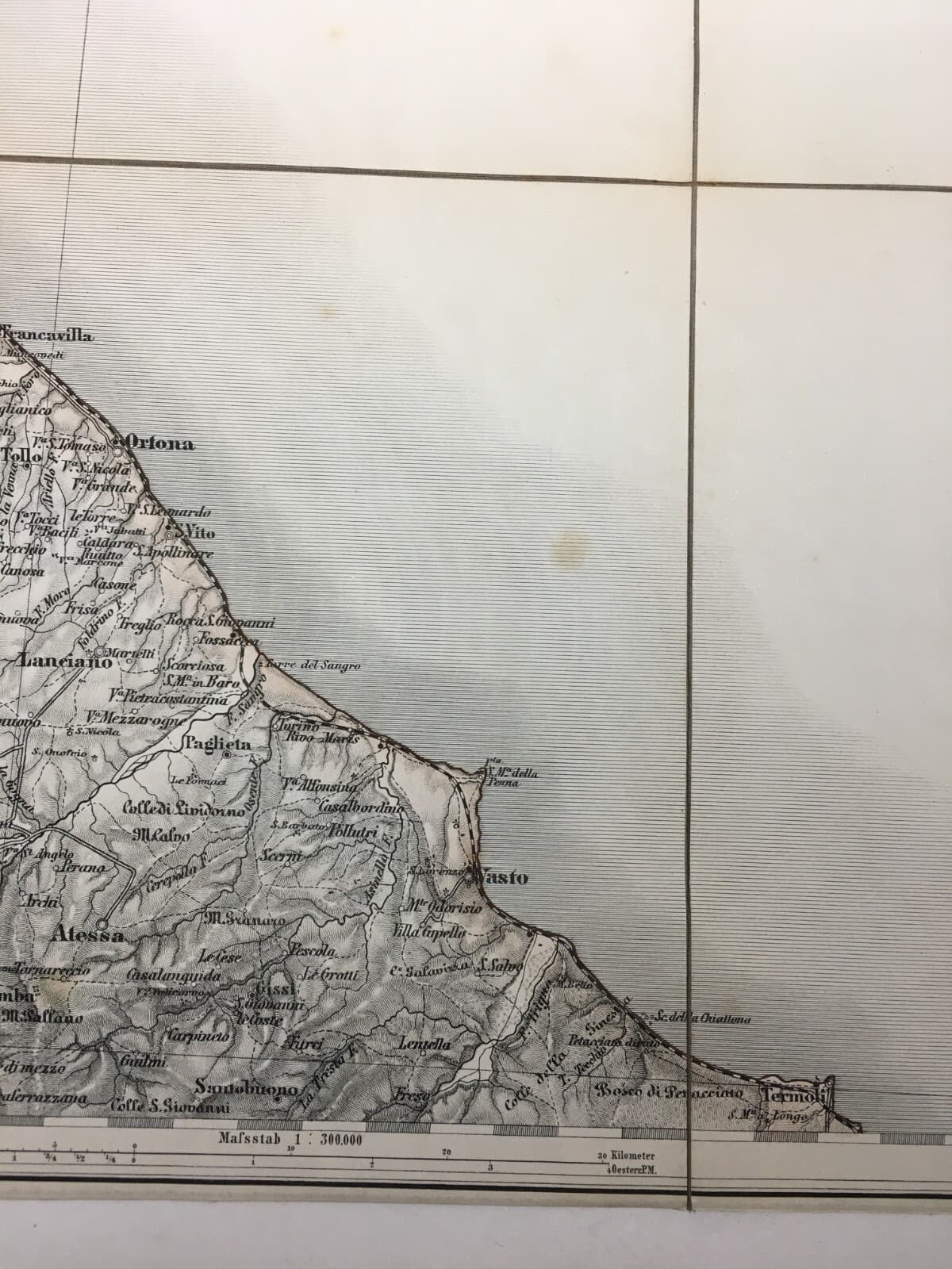 Abruzzo, Marche, Molise: Antica Cartografia Della Litoranea Adriatica Su Tela d'Epoca