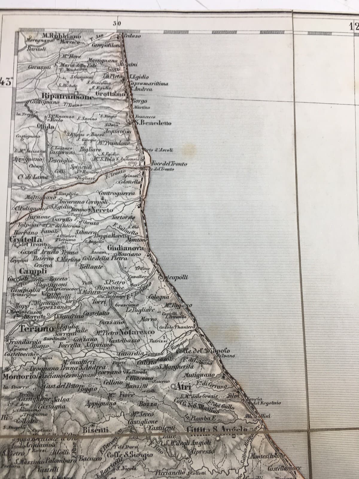 Abruzzo, Marche, Molise: Antica Cartografia Della Litoranea Adriatica Su Tela d'Epoca