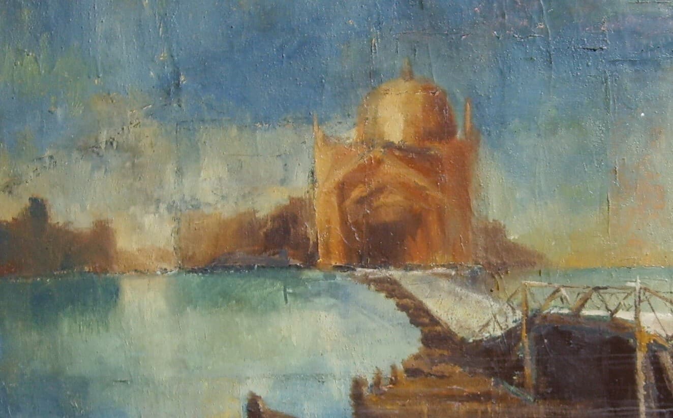 Arte Del Novecento: Venezia, Processione Al Redentore. Grande Dipinto Decorativo.