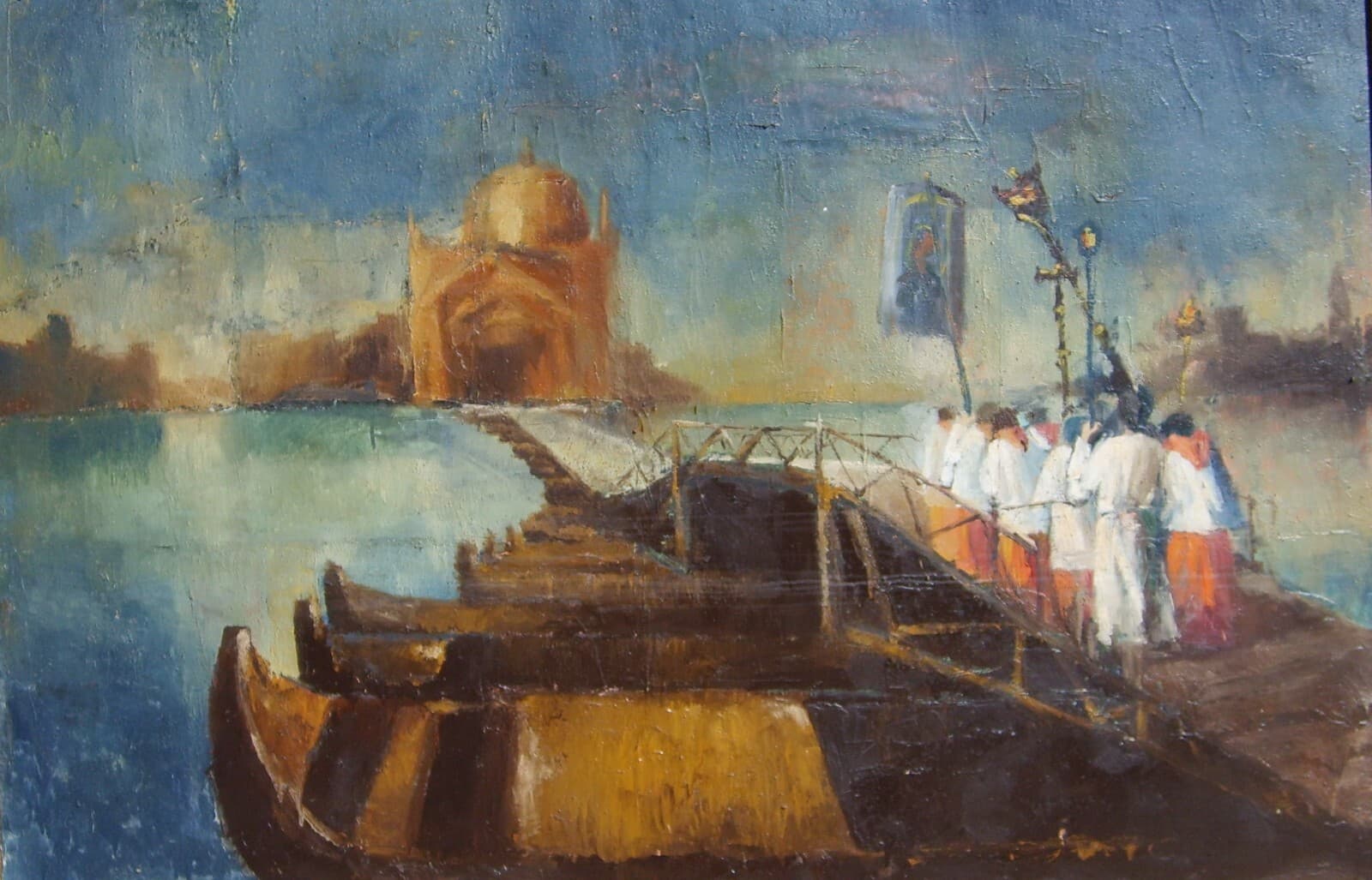 Arte Del Novecento: Venezia, Processione Al Redentore. Grande Dipinto Decorativo.