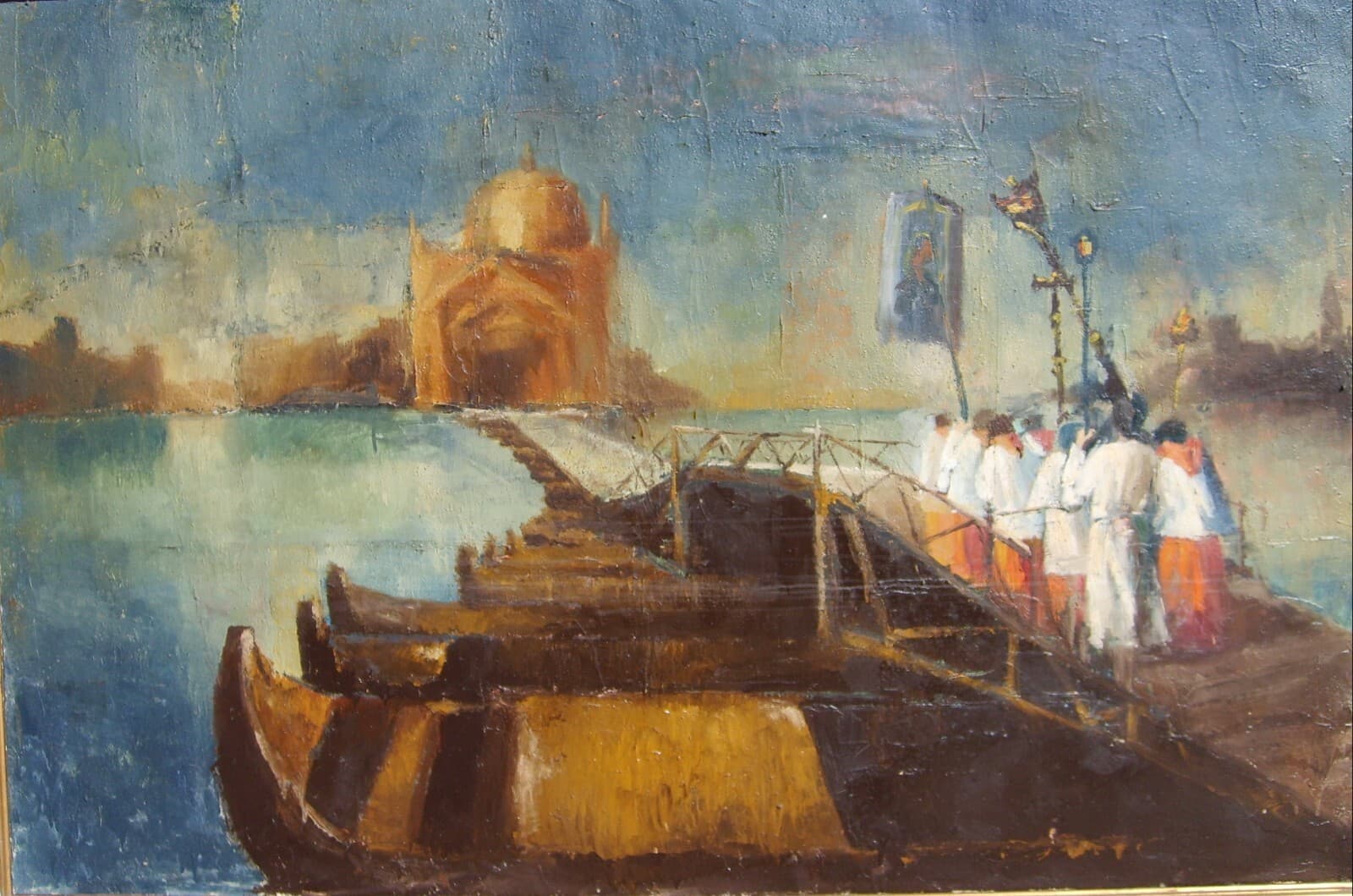 Arte Del Novecento: Venezia, Processione Al Redentore. Grande Dipinto Decorativo.