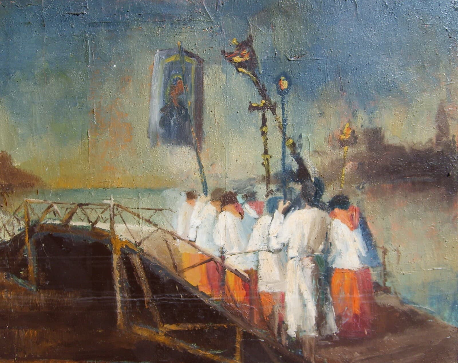 Arte Del Novecento: Venezia, Processione Al Redentore. Grande Dipinto Decorativo.