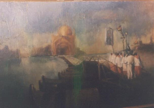 Arte Del Novecento: Venezia, Processione Al Redentore. Grande Dipinto Decorativo.