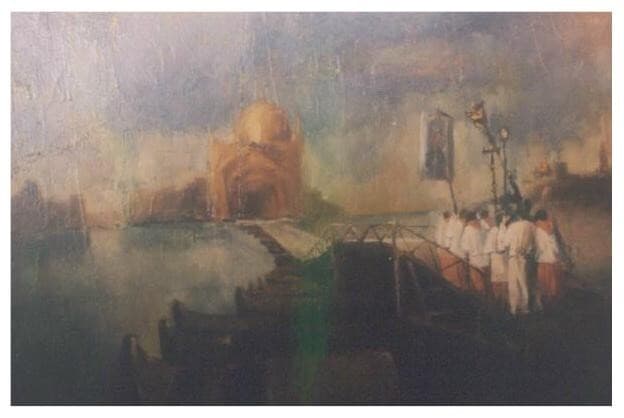 Arte Del Novecento: Venezia, Processione Al Redentore. Grande Dipinto Decorativo.