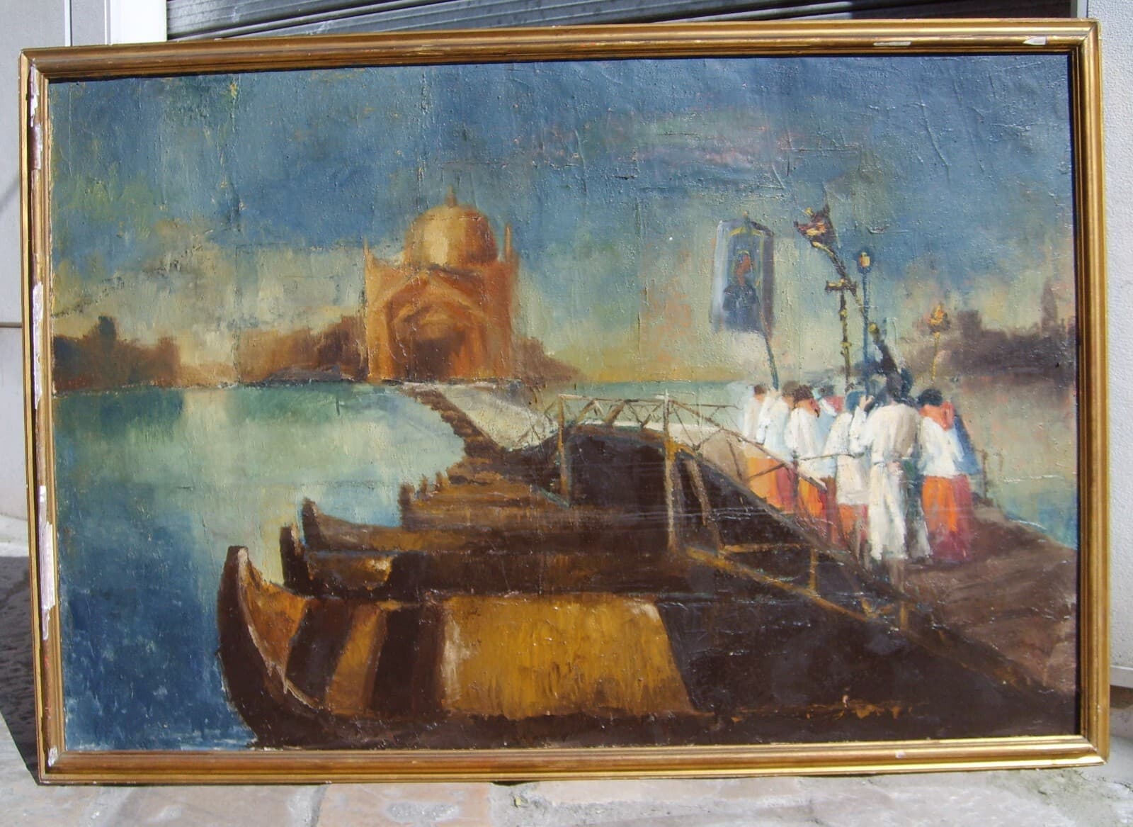 Arte Del Novecento: Venezia, Processione Al Redentore. Grande Dipinto Decorativo.